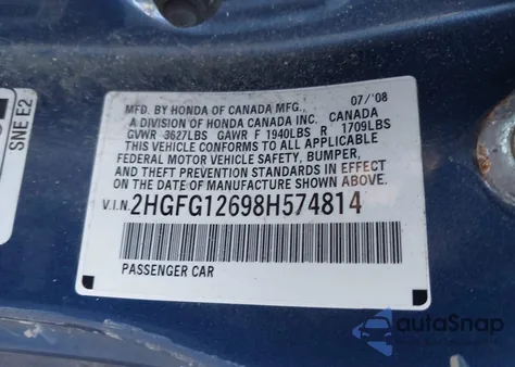 2008 Honda Civic Lx z USA, uszkodzony, nr VIN 2HGFG12698H574814